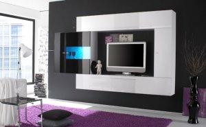 Black-Wall-Color-Ideas-for-Modern-Living-Room-Decor-with-Interesting-Wall-TV-Stand-with-Shelves-800x494