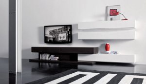 Wall-Mounted-TV-with-Modern-Shelves-for-Popular-Living-Room-Interior-Design-with-Black-and-White-Rug-800x459