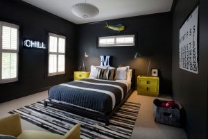 best-teenage-bedroom-design-ideas-featuring-gothic-black-wall-paint-colors-and-black-lacquered-wooden-platform-bed-on-striped-rug-as-well-as-yellow-painted